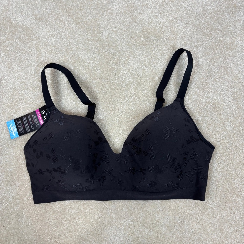 Bali Comfort Revolution‎ Wirefree Bra Floral Black Seamless Size Large NWT